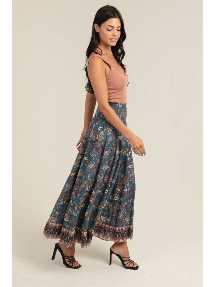 Smocked Waistband A Line Maxi Skirt with Side Slit