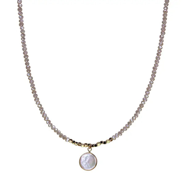 Beaded Crystal Strand Necklace with Natural Coin Pearl Drop