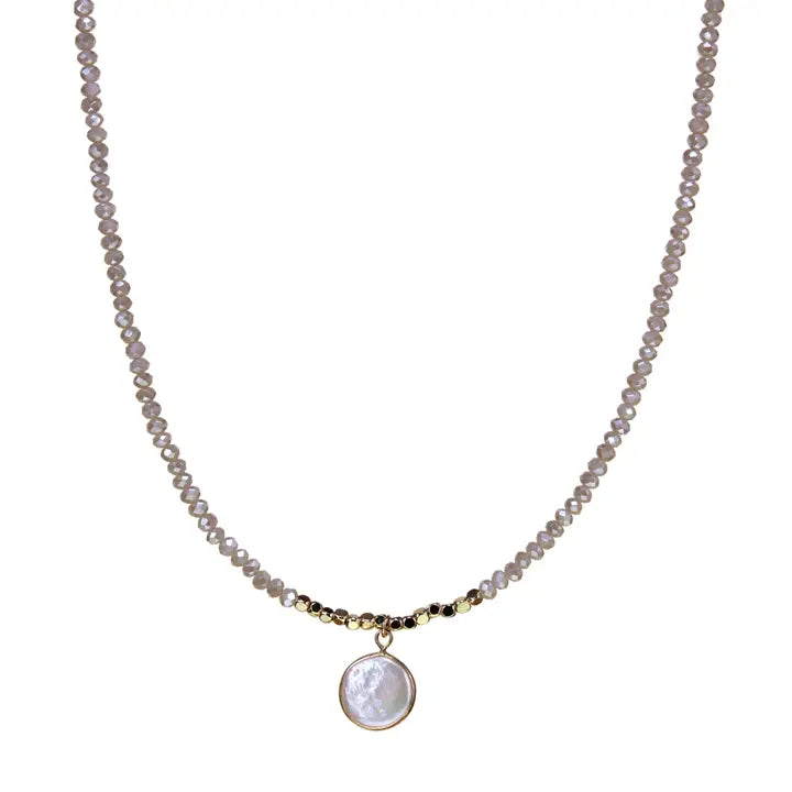 Beaded Crystal Strand Necklace with Natural Coin Pearl Drop