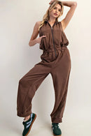 Zipper Front Sleeveless Jumpsuit- Walnut