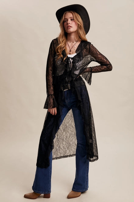 Sheer Lace Ruffle Duster- Black