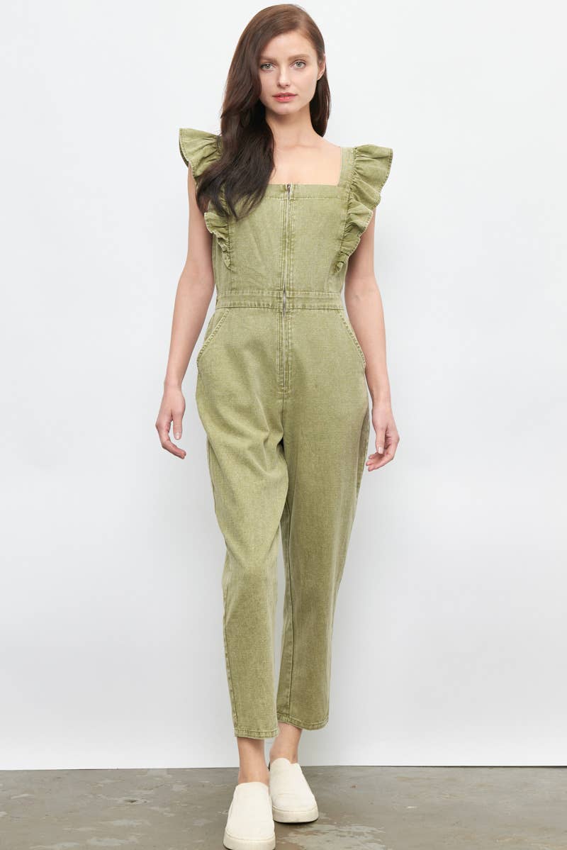 Ruffled Washed Cotton Jumpsuit with Front Zipper