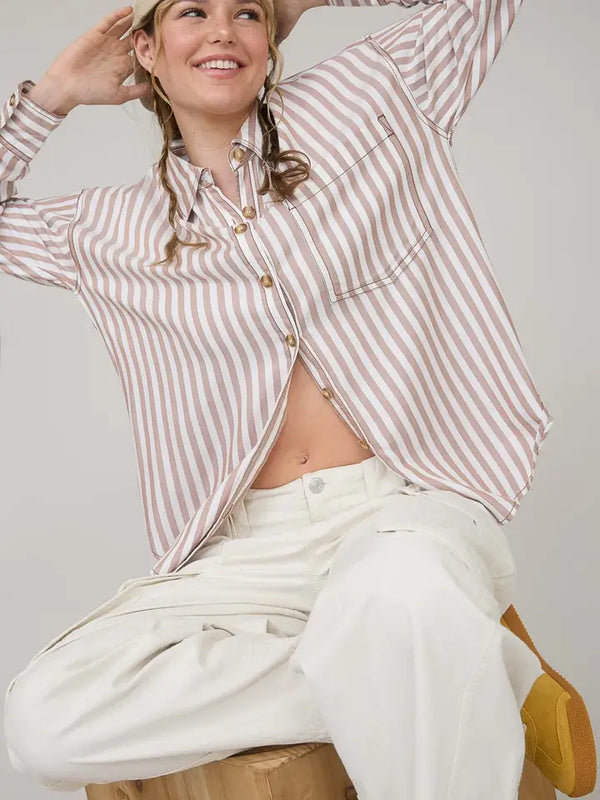 Stripe Collared Button Down Long Sleeve Shirt-Brown