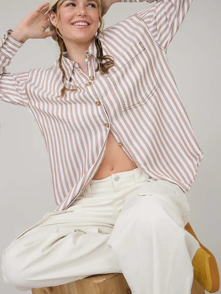 Stripe Collared Button Down Long Sleeve Shirt-Brown