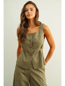 Square Neck Sleeveless Vest with Button Front- Olive