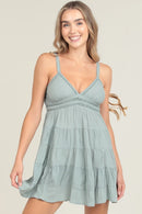 V Neck Lace Trim Double Straps Tiered Skirt Dress