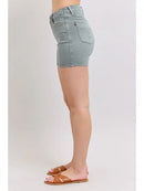 High Waisted Stone Blue Back Pocket Embroidery Shorts