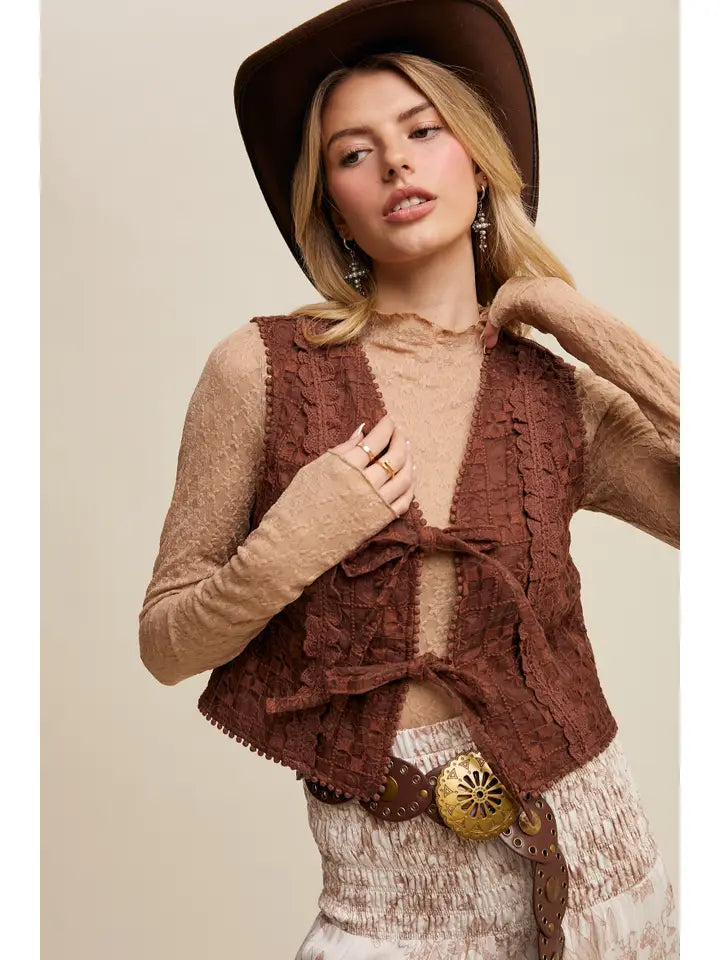 Embroidered Lace Tie-Front Vest