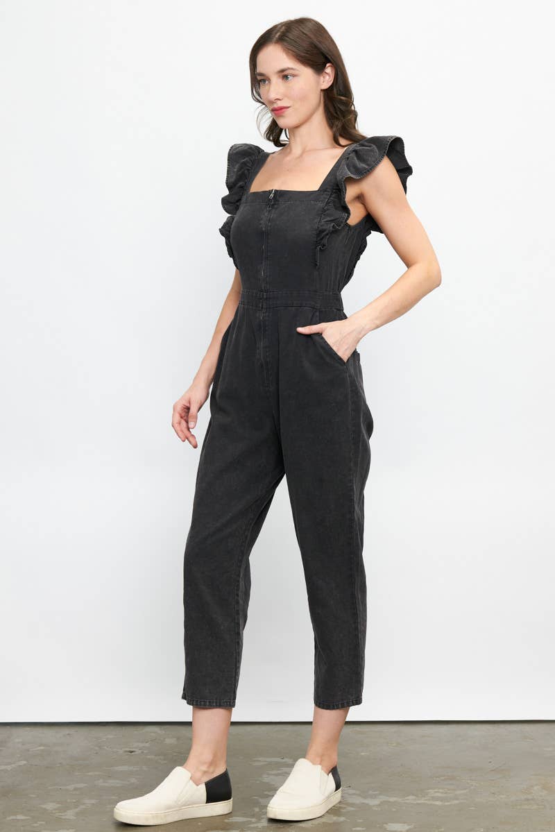 Ruffled Washed Cotton Jumpsuit with Front Zipper