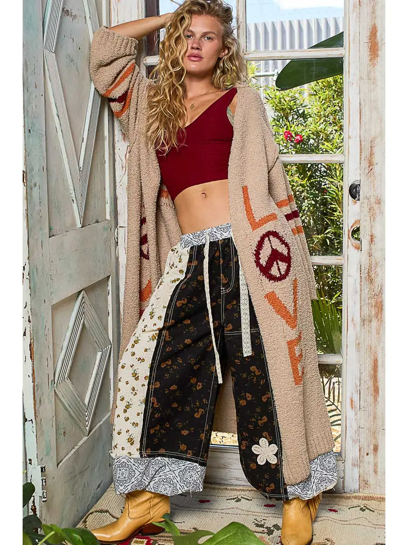 Love Letter Printed Peace Solid Berber Sweater Cardigan