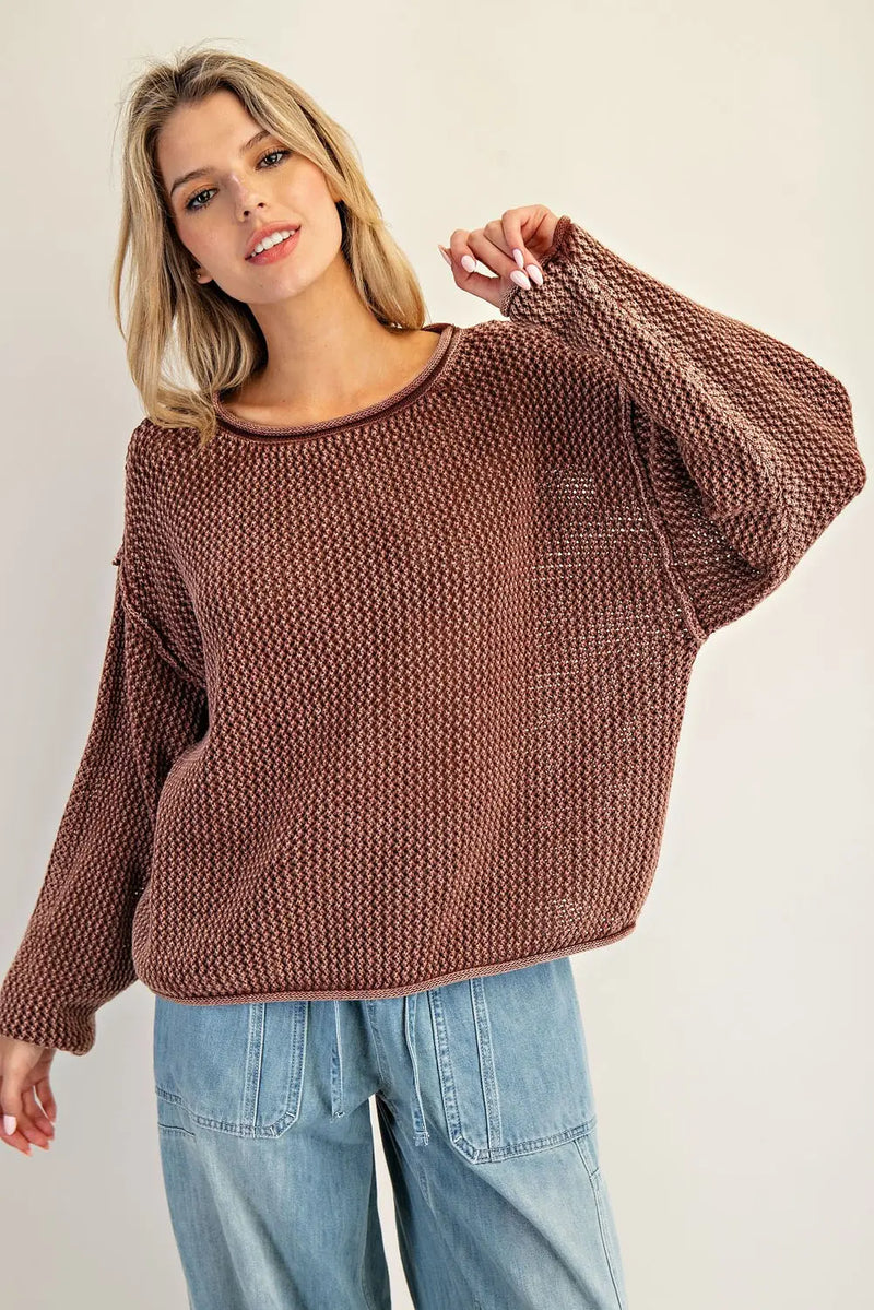 Dropped Shoulder Waffle Knit Sweater