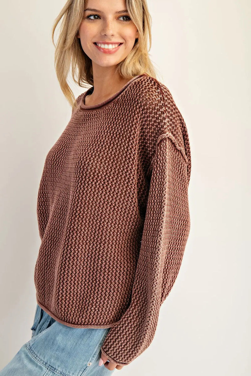 Dropped Shoulder Waffle Knit Sweater