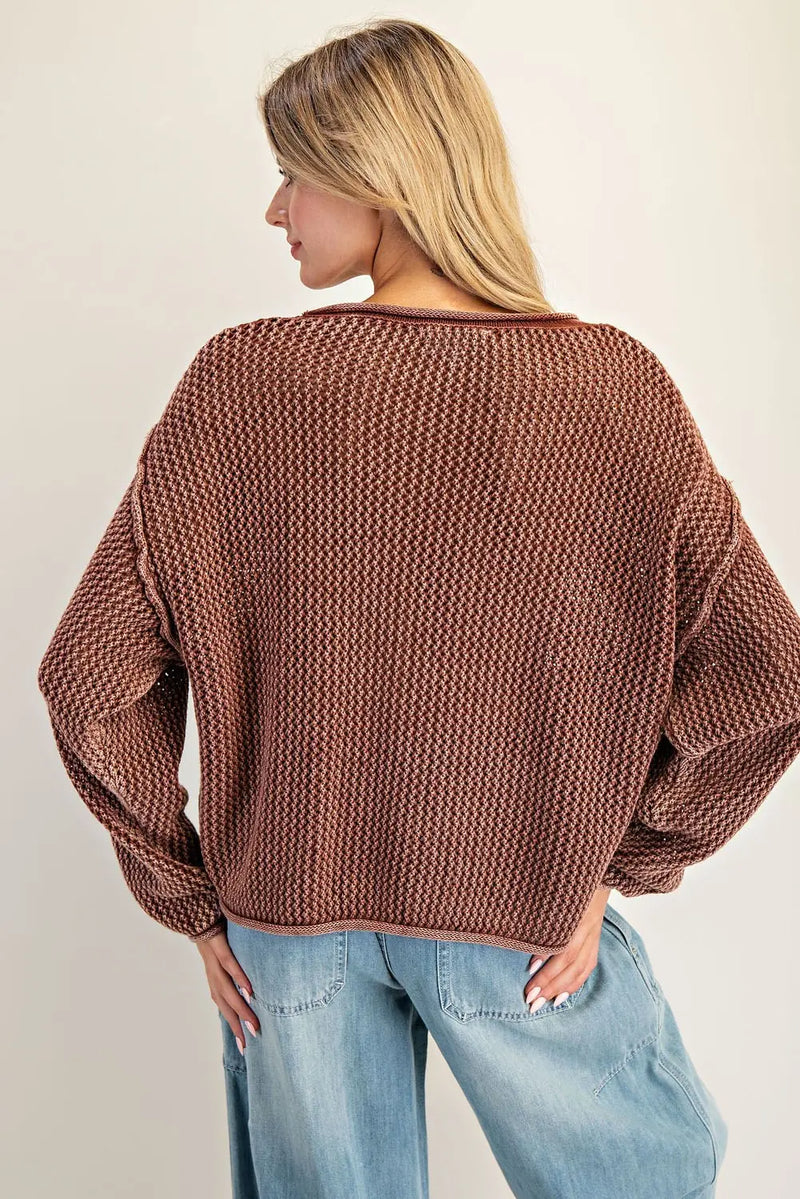Dropped Shoulder Waffle Knit Sweater