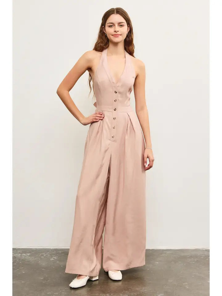 Indie Rose Button Front Halter  Neck Jumpsuit
