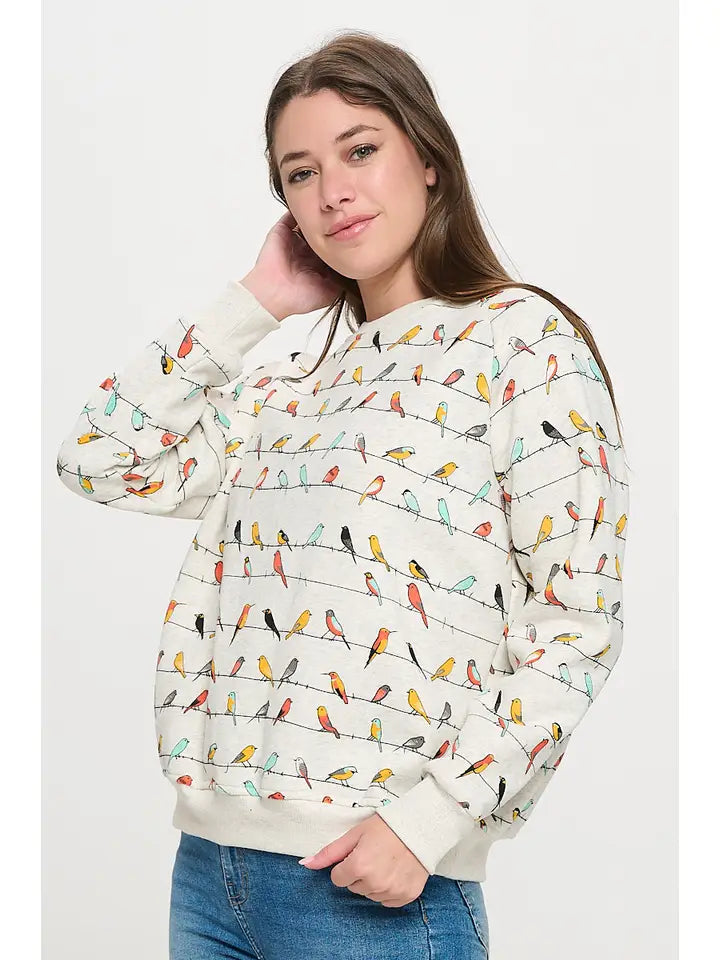 Colorful Chipry Birds Print Sweatshirt