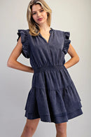 Mineral Washed Smocked Waist Mini Dress- Midnight