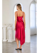 Sleeveless Satin Slip Dress with Lace Detail- Red