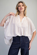 Striped Split Neck Dolman Sleeve Blouse- Rosewood