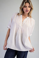 Striped Split Neck Dolman Sleeve Blouse- Rosewood