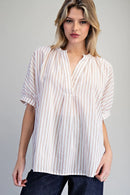 Striped Split Neck Dolman Sleeve Blouse- Rosewood