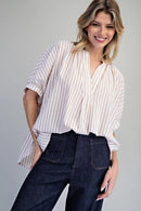 Striped Split Neck Dolman Sleeve Blouse- Rosewood