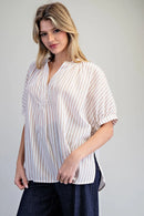 Striped Split Neck Dolman Sleeve Blouse- Rosewood
