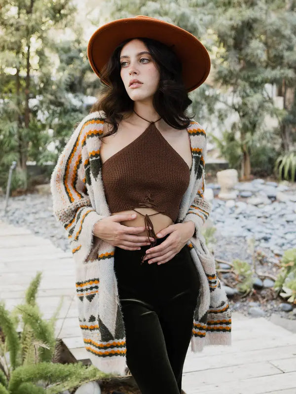 Boho Faux Fur Ruana Wrap with Cozy Pockets - Tribal Cardigan