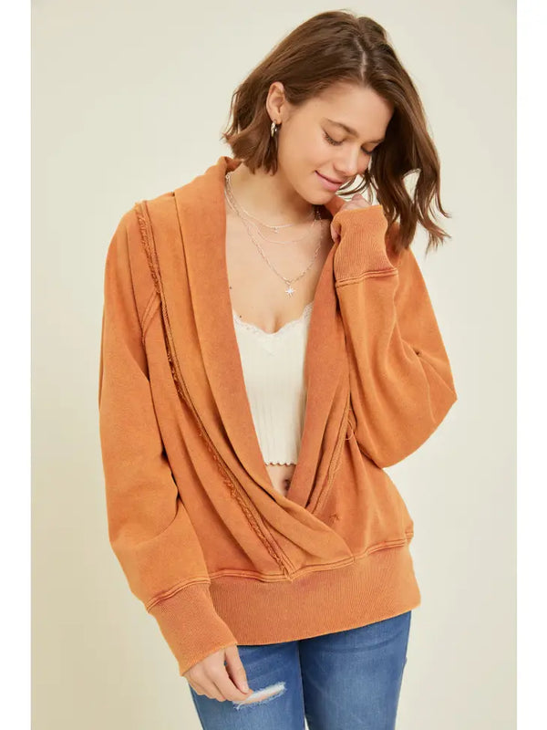 Western Washed French Terry Wrap Pullover - Burnt Orange