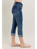 Mid Rise Dark Wash Cuffed Capri
