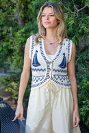 Sail Boat Button Down Sweater Vest- Ocean Breeze