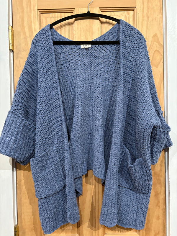 Long Sleeve Pockets Solid Chenille Sweater Cardigan- Lapis Blue