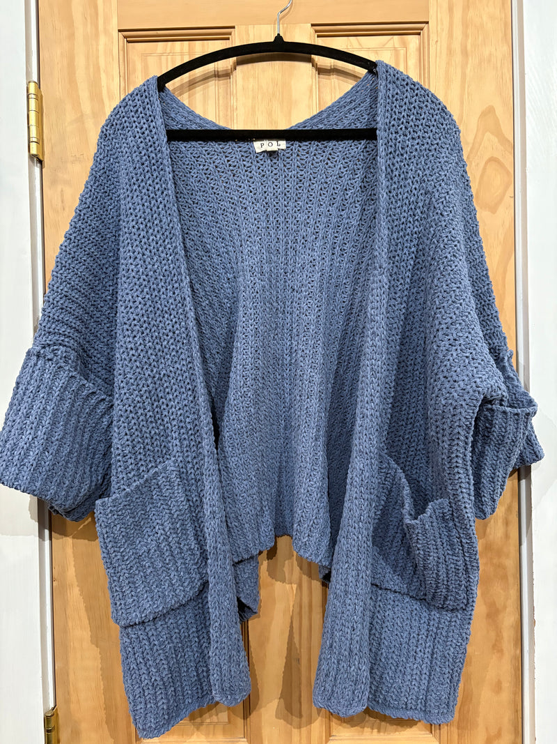Long Sleeve Pockets Solid Chenille Sweater Cardigan- Lapis Blue