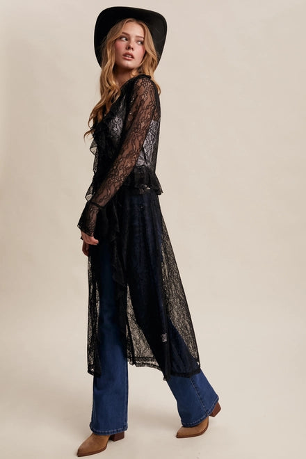 Sheer Lace Ruffle Duster- Black