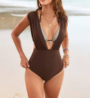 Plunge One Piece Swimsuit with Beaded V Neck Detail