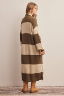 Striped Long Knit Cardigan- Brown