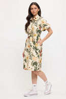 Golden Flower Garden Print Shirt Dress