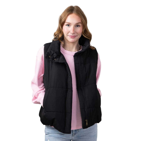 Solid Zip Up Puffer Vest- Black