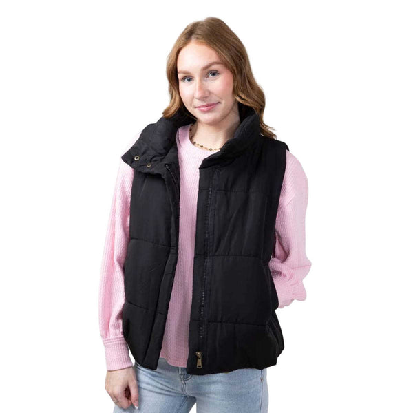 Solid Zip Up Puffer Vest- Black