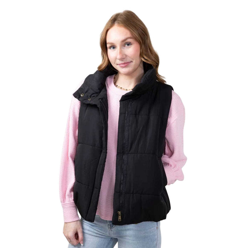 Solid Zip Up Puffer Vest- Black