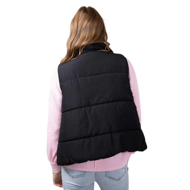 Solid Zip Up Puffer Vest- Black
