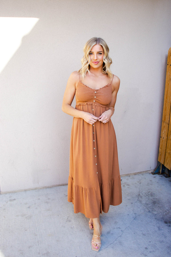 Thin Strap Dress with Buttons - Brown