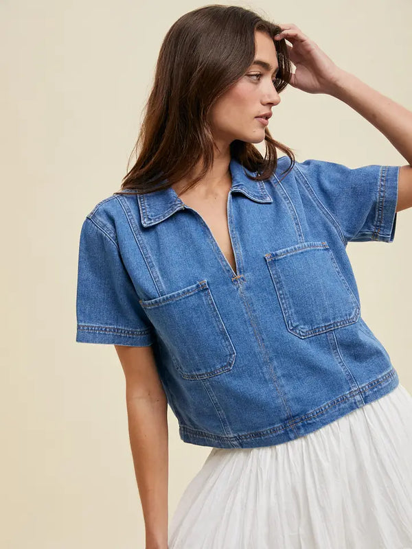 Collared Denim Top with Pockets