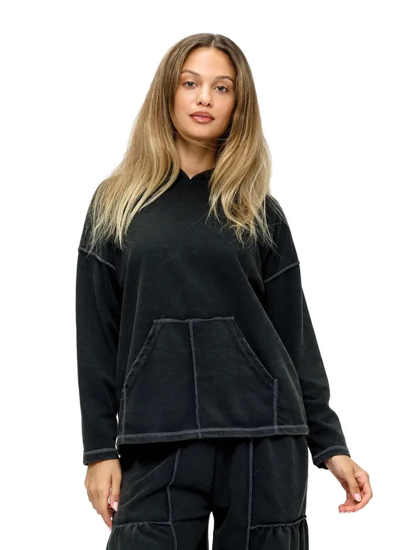 Hoodie Boho Casual Vintage Washed: Charcoal