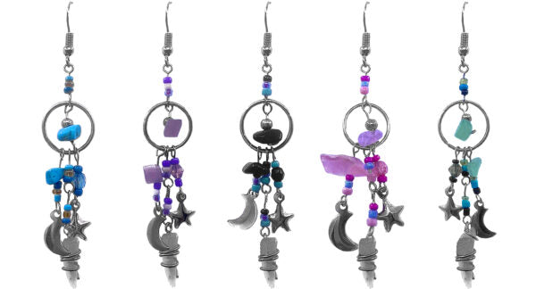 Crystal Moon & Star Charm Beaded Chip Stone Long Dangle Earrings