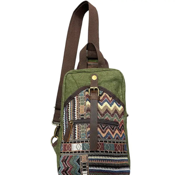 Canvas & Leather Trim Crossbody Green Sling Bag