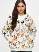 Colorful Rooster Print Zip Up Hoodie