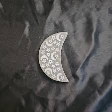 Etched Selenite Crescent Moon with Moon and Stars