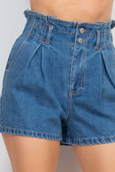Two-Button Paperbag Denim Shorts- Medium Denim