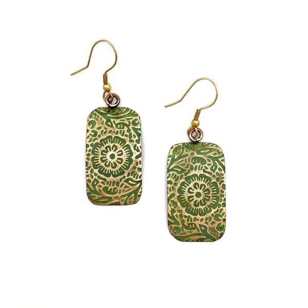 Brass Patina Earrings – Chartreuse Floral Scrollwork