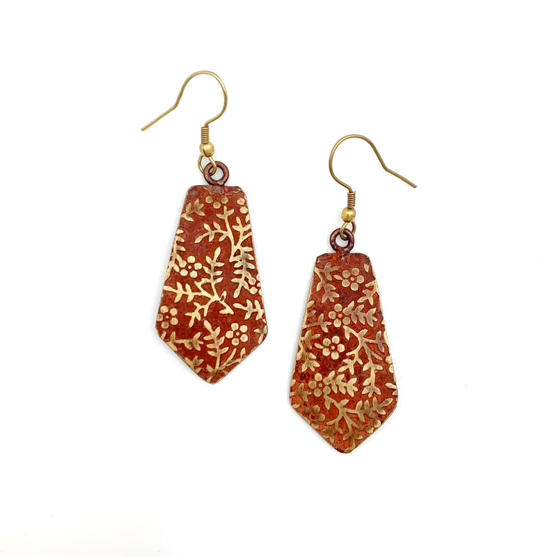 Brass Patina Earrings – Red Orange Brass Floral Vines